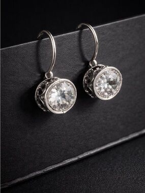 925 Sterling Silver CZ Dangle Earrings Round Bezel Set 3.46g Sparkle Drop